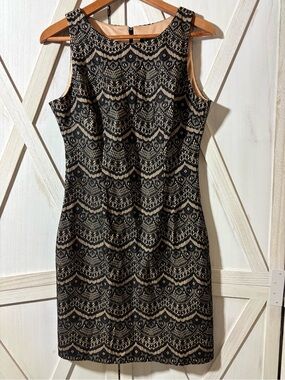 GUESS Black and Beige Lace-Pattern Sheath Dress